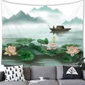 Traditional Chinese landscape tapestry featuring misty mountains and pink lotus flowers - Lotus Fishing Boat (14)