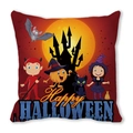 Halloween throw pillow featuring a devil child, pumpkin man, and castle on deep red fabric - Deep Red Orange Devil Pumpkin Witch Style (34)