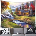 Forest cabin nature scenery tapestry with waterfall and wildlife wall hanging - 100x70(Peach Skin) / Forest Waterfall Animals (14)