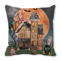 Halloween pillow cover with watercolor haunted house and bat illustration on peach skin fabric - 18x18 Inch / Haunted House Withered Tree Skull (21)