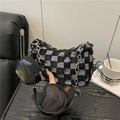 Chic checkered denim crescent bag with fringe edges and metallic chain strap - Black Checkerboard