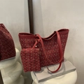 Red plaid tweed tote bag set with matching pouch and leather straps on white pedestal - Red