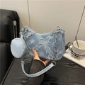 Bolso de hombro media luna de mezclilla con estrellas, cadena y un pequeño monedero redondo - Pentagrama Azul