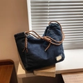 Retro washed denim tote bag with brown woven rope handle and silver metal logo detail - Dark Blue