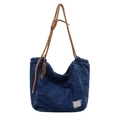 Vintage Denim-Einkaufstasche in Blau mit braunen geflochtenen Seilgriffen und Metallschild - Dunkelblau