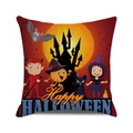 Cartoon Halloween cushion cover featuring castle, pumpkin and Happy Halloween text - 18x18 Inch / Cartoon Halloween All-Star Style (34)