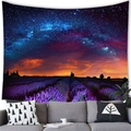 Detail of floral valley tapestry showing starry sky and lavender field in a cozy room - 100cmx70cm / Galaxy Starry Lavender Field (13)