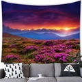 Detailed texture of wall tapestry featuring sunset mountain landscape and purple flowers - 100cmx70cm / Layered Mountains Red Sunset (12)
