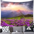 Detail of fabric texture on tapestry featuring sunrise mountain peaks and purple flower field - 100cmx70cm / Alpine Sunrise Purple Flowers (11)