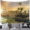 Tropical island sailing landscape wall tapestry with palm trees and a ship for home decor - 100x70(Peach Skin) / Tropical Island Sailing (18)