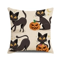 Halloween square cushion cover with black cat, pumpkin lanterns, and gold stars on linen - Off White Cartoon Lantern (36)
