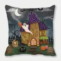 Halloween pillow cover featuring a watercolor haunted house with ghosts and bats - 18x18 Inch / Purple Haunted House Illustration (22)
