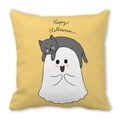 Yellow Happy Halloween cushion cover with gray cat and ghost illustration on peach skin fabric - Cat and Ghost (1)