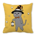 Detail of Halloween pillow featuring a cartoon cat in a wizard hat holding a vintage lantern - Cat with Lantern (2)