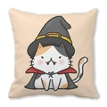 Detail of square Halloween cushion cover with cartoon cat in wizard hat on peach skin fabric - Cat with Cloak (6)