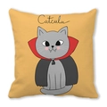 Detail of ginger pillow cover featuring a cute 'Catcula' vampire cat illustration for Halloween - Vampire Cat (4)