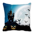 Halloween decorative square pillow cover with watercolor haunted castle and pumpkin design - 18x18 Inch / Dark Blue Castle Pumpkin Light (24)
