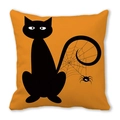 Detail of Halloween pillow case with black cat silhouette and spider web on orange fabric - Spider Web Cat (8)
