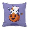 Detail of square purple pillowcase with cartoon cat popping out of a Halloween pumpkin - Pumpkin Cat (15)