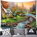 Artistic watercolor tapestry featuring scenic river cottage landscape oil painting - 100x70(Peach Skin) / Pastoral Cottage Flowers (16)