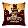 Halloween cushion cover with castle and pumpkin lights, peach skin velvet fabric - Orange Yellow Gradient Castle Pumpkin Bat Style (37)