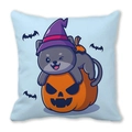 Detail of Halloween pillowcase featuring grey cat with wizard hat and orange pumpkin - Cat on Pumpkin (20)