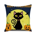 Halloween decorative pillow case with black cat, moon and bats on dark blue background - Big Yellow Eye Cat (39)