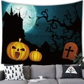 Halloween Kürbis Wandteppich mit Schloss und Vollmond über einem grauen Sofa - Dunkelblau Kürbis Schloss (14)
