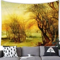 Rectangular golden landscape oil painting tapestry hanging above a grey sofa - 100x70(Peach Skin) / Golden Forest Village (19)