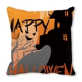 Square Halloween pumpkin cushion with castle silhouette and Happy Halloween text - Orange Black Pumpkin Dead Tree Manor Style (38)