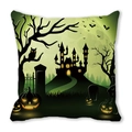 Halloween pillowcase featuring a green haunted castle, spooky pumpkins, and a large moon - 18x18 Inch / Fluorescent Green Castle Pumpkin Style (26)