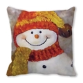 Cuscino quadrato con pupazzo di neve dipinto a mano e sciarpa arancione festiva - 45x45 cm / Stile Pupazzo di Neve con Berretto in Maglia (1)