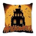 Halloween throw pillow cover featuring a black castle, bats, and moon on peach skin fabric - Beige Linen Castle Bat Full Moon Style (39)