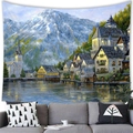 European lakeside village oil painting tapestry hanging above a grey sofa - 100x70(Peach Skin) / European Lakeside Village (20)