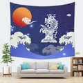 Arazzo in stile giapponese con carpa bianca, sole e onde sopra un divano grigio - 100x70(Pelle di Pesca) / Carpa Ukiyo-e Blu Scuro (16)