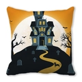 Halloween throw pillow cover featuring a spooky watercolor castle, bats, and a full moon - 18x18 Inch / Orange Black Halloween Haunted House (27)