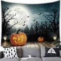 Halloween Wandteppich mit Kürbissen und Vollmond als Dekoration im Wohnzimmer - Zauberwald Mondnacht (17)