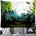 Dettaglio dell'arazzo Happy Halloween con castello infestato, zucche e pipistrelli - Stile 7 / 100x70(Pelle di Pesca)