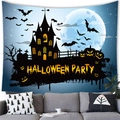 Détail de la tapisserie d'Halloween avec silhouettes de château et de chauves-souris - 95x73cm / Cimetière de Citrouilles Château Bleu Foncé (Style 15)