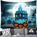 Arazzo di Halloween con castello blu luminoso, zucche e decorazione con luna piena - Stile 11 / 100x70(Pelle di Pesca)