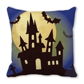 Halloween throw pillow cover featuring watercolor gothic castle and bats under moon - 18x18 Inch / Gothic Spire Castle Moonlight (31)
