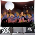 Artistic tapestry with colorful pine forest and animal silhouettes under a full moon - 100x70(Peach Skin) / Mystical Forest Animals