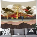 Modern Chinese style tapestry with golden trees and deer displayed over a grey sofa - 100x70(Peach Skin) / Golden Tree and Deer