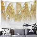 Detail of artistic wall tapestry with golden mountains and birds above a modern sofa - 100x70(Peach Skin) / Golden Abstract Mountains