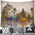 Artistic forest tapestry with deer silhouettes hanging above a modern sofa in a living room - 100x70cm / Dreamy Forest Deer Style (15)
