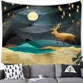 Nordic wall tapestry featuring golden deer and full moon landscape over a grey sofa - 150x100(Peach Skin) / Golden Deer and Moon