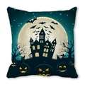 Halloween pillow cover with spooky castle, full moon, and glowing pumpkins on blue background - 18x18 Inch / Night Sky Blue Castle Pumpkin (35)