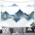 Modern abstract landscape tapestry with blue ink mountains and flowing gold lines - 150x100(Peach Skin) / Blue and Gold Ink Landscape