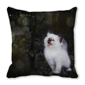 Detail of square cushion cover featuring white kitten print with blue eyes and autumn leaves - Autumn Blue-eyed Cat (8)
