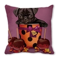 Macro detail of Halloween pillow case featuring a cute pug in a pumpkin bucket - Pug in Purple Bucket (10)
